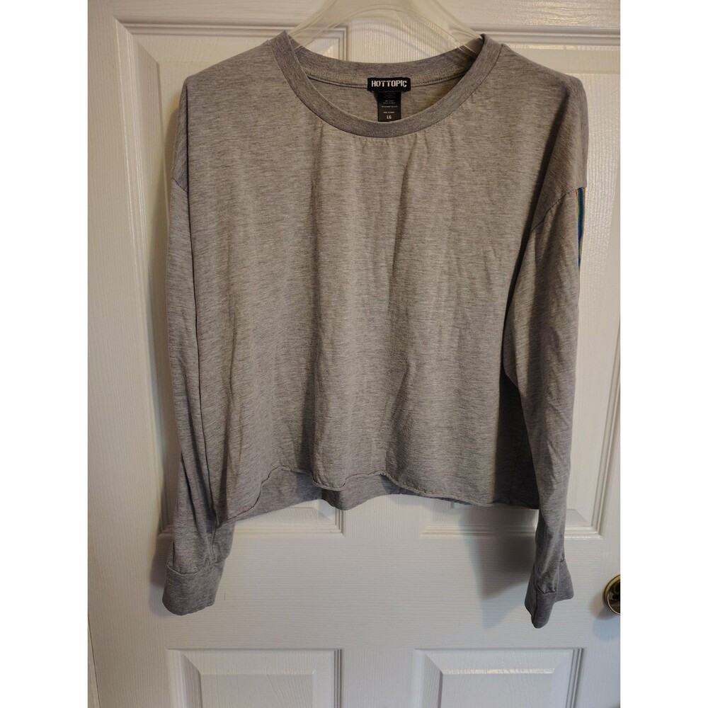 Hot Topic Women’s L Gray Crewneck Pullover Sweatshirt Rainbow Stripe Sleeves